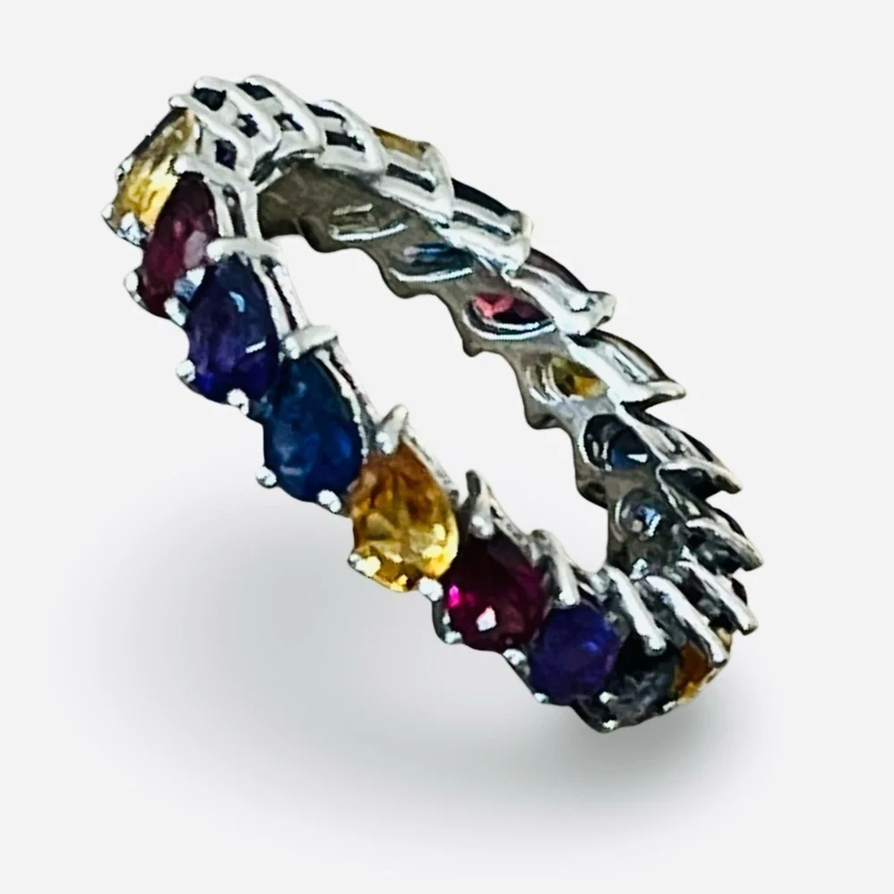 Sterling Silver Multi-Colored Pear-Shaped Stone Eternity Band Size 8
